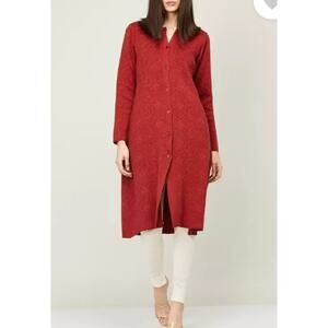 Eileen Fisher Long Cardigan Sweater V Neck Long Sleeve Italian Yarm Red Small